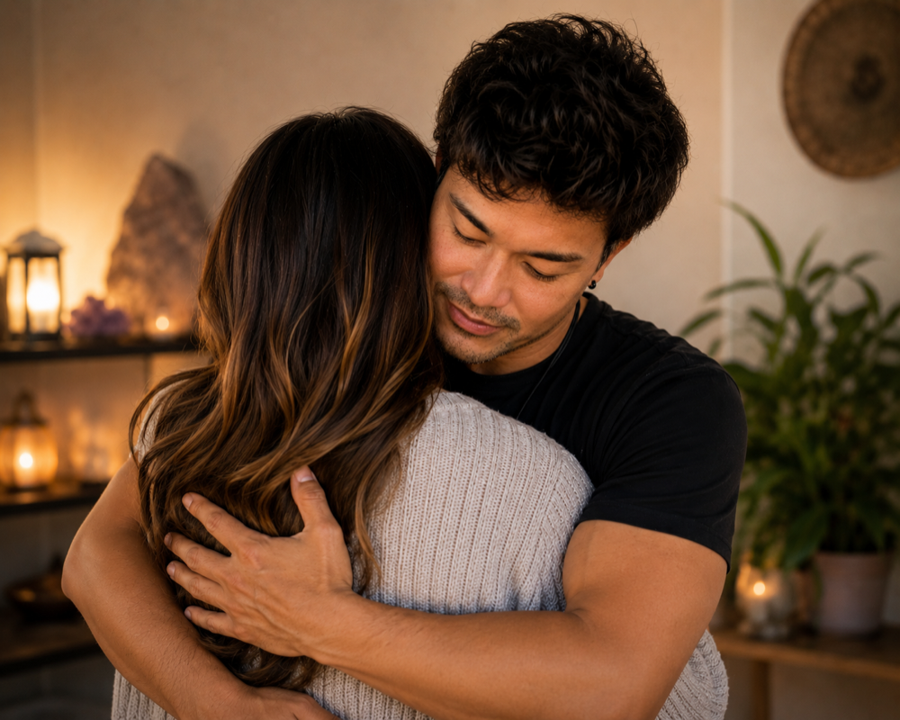 Kennedy Morgan embracing a client after a reading